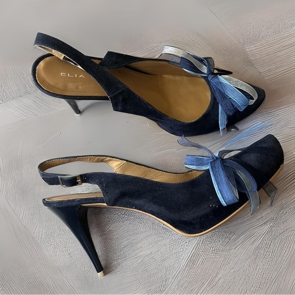 Elia Bruni Navy Suede Leather Slingback Pumps  Made in Spain - Picture 1 of 14